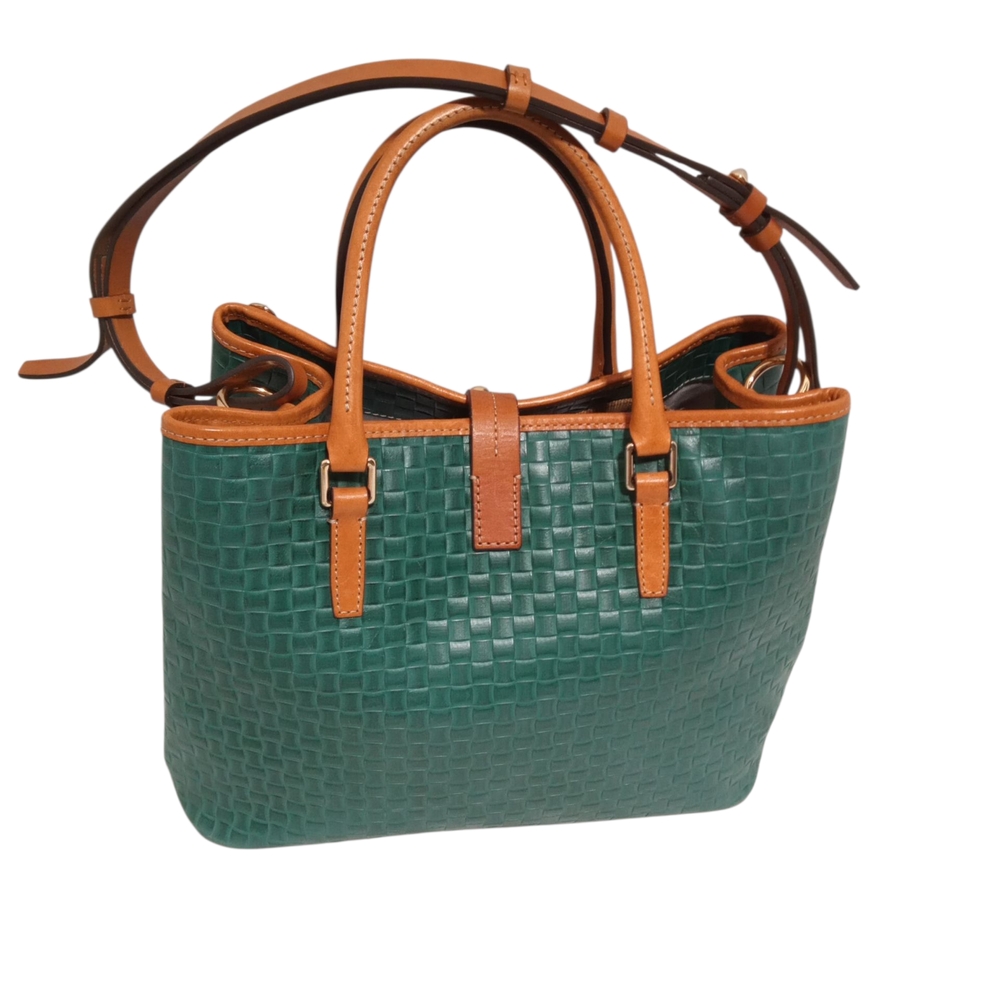 Dooney & Bourke Green Woven Leather Satchel with Tan Trim - Picture 3 of 6
